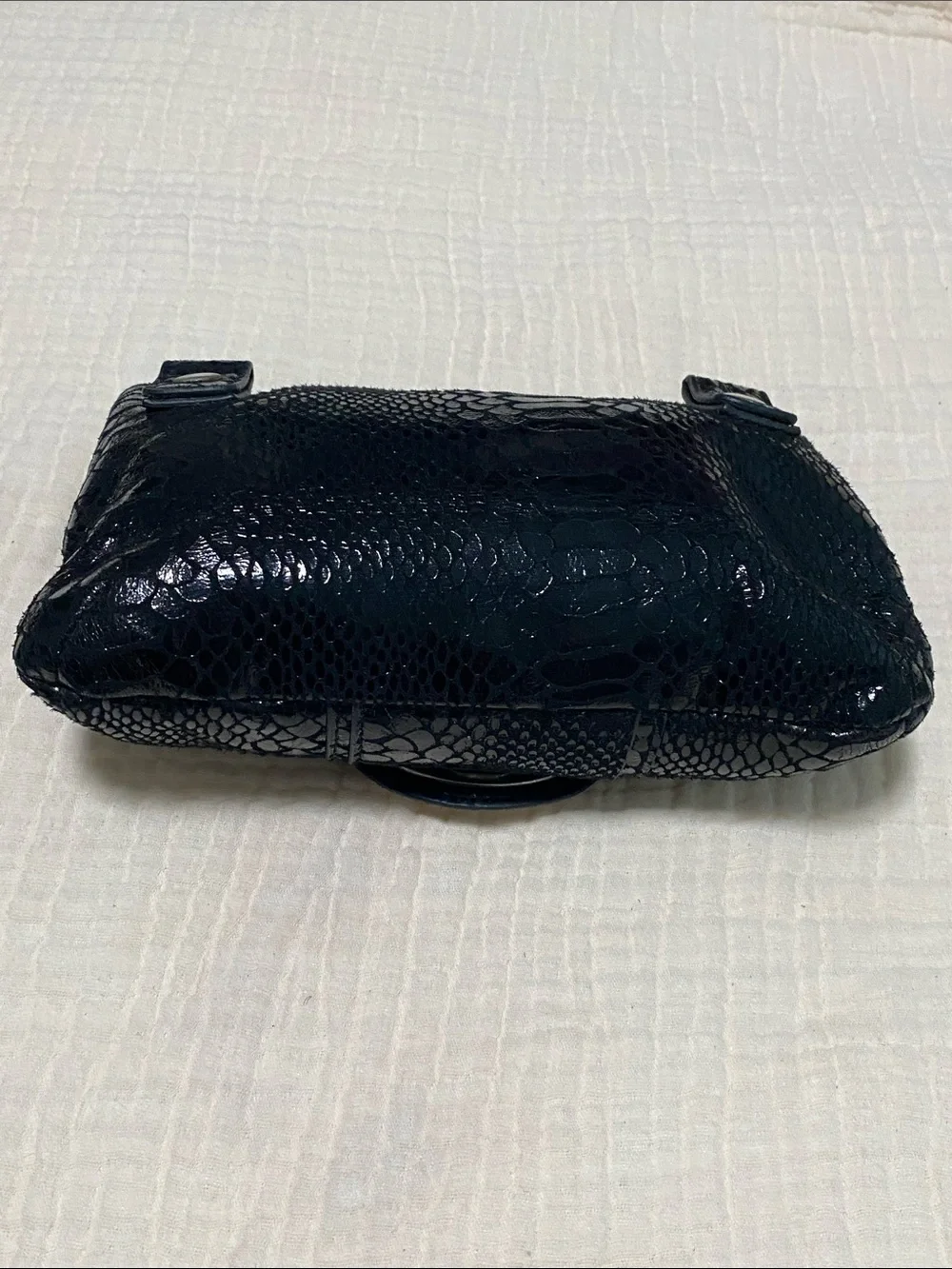 London Fog Black Patent Snakeskin-Embossed Clutch with Silver Hardware